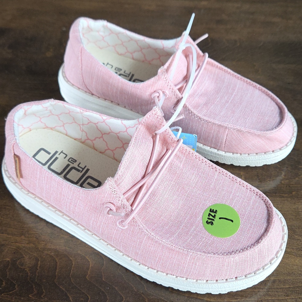 Hey Dude Size 1 Kids Pink Slip-On Canvas Shoes